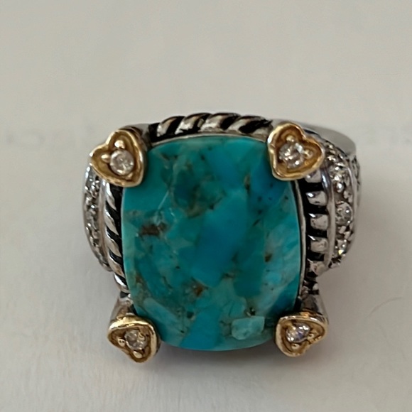 Lovely Checkerboard Faceted Turquoise Ring CZ Sterling Silver Ring Sz.7 - Picture 4 of 11